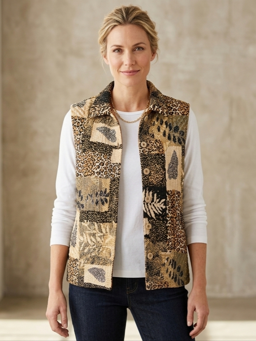 Leopard Print Vest Button Up  Sz L- XL Crinkled Cottagecore Grannycore